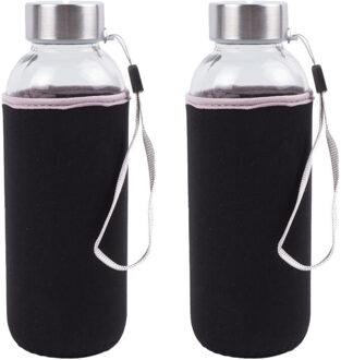 Benson Drinkfles/waterfles - 2x - 420 ml - zwart - glas - met hoes - 6 x 19 cm