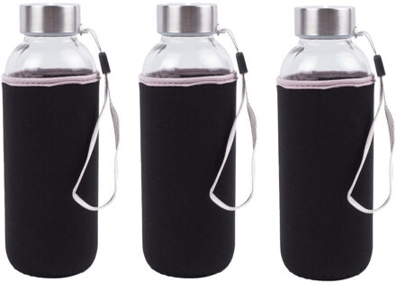 Benson Drinkfles/waterfles - 3x - 420 ml - zwart - glas - met hoes - 6 x 19 cm