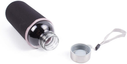 Benson Drinkfles/waterfles - 420 ml - zwart - glas - met hoes - 6 x 19 cm