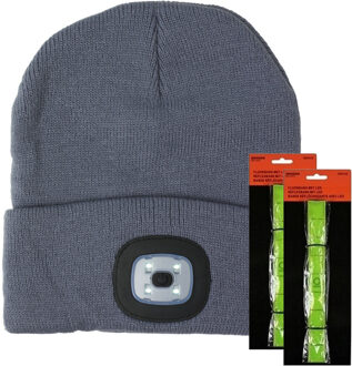 Benson Hardloop set winter - LED wintermuts/beanie grijs - LED Hardloop reflectie bandje - One size
