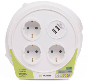Benson Kabelhaspel/kabelbox - 10 meter - 3-voudig - stopcontacten geaard - USB - 2300 Watt/230v
