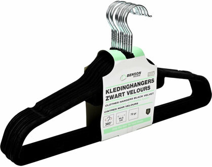 Benson Kledinghangers set - 10x stuks - zwart velours - kunststof - 44.5 cm - kledingkast hangers/kleerhang