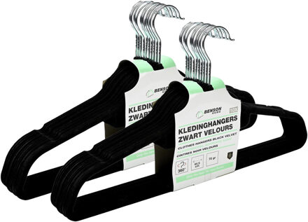 Benson Kledinghangers set - 20x stuks - zwart velours - kunststof - 44.5 cm - kledingkast hangers/kleerhang