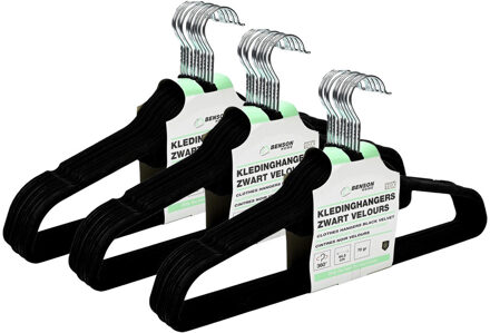 Benson Kledinghangers set - 30x stuks - zwart velours - kunststof - 44.5 cm - kledingkast hangers/kleerhang