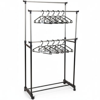 Benson Kledingrek incl 12x kledinghangers - op wieltjes - dubbele stang - verstelbaar - 160 cm - metaal