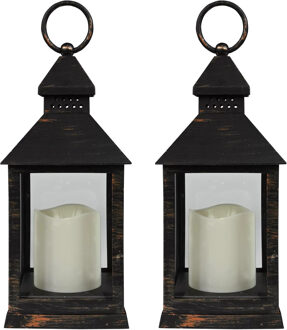Benson Lantaarn - 2x - vintage look - met LED kaars - 10.5 x 10.5 x 24 cm - sfeerlicht - binnen / buiten