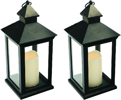 Benson Lantaarn - 2x - zwart - met LED kaars - 10.5 x 10.5 x 24 cm - sfeerlicht - binnen / buiten