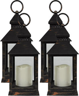 Benson Lantaarn - 4x - vintage look - met LED kaars - 10.5 x 10.5 x 24 cm - sfeerlicht - binnen / buiten