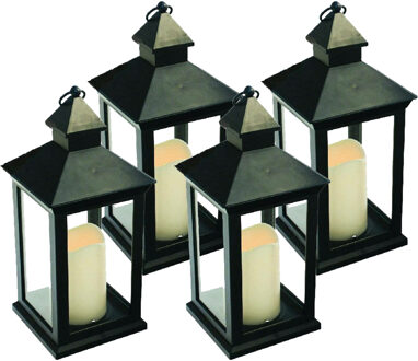 Benson Lantaarn - 4x - zwart - met LED kaars - 10.5 x 10.5 x 24 cm - sfeerlicht - binnen / buiten