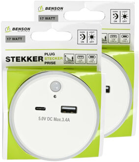 Benson LED nachtlampje - 2x - draadloos - met USB A en C - warm wit -?dag/nacht + PIR sensor