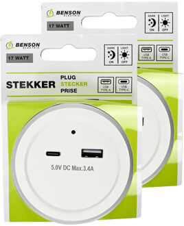 Benson LED nachtlampje - 2x - draadloos - met USB A en C - warm wit