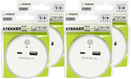 Benson LED nachtlampje - 4x - draadloos - met USB A en C - warm wit -?dag/nacht + PIR sensor