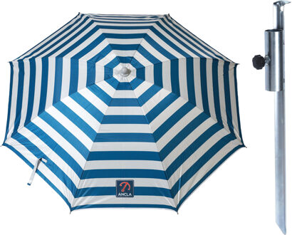 Benson Parasol met metalen grondharing - blauw met wit gesteept - polyester - Dia 165 cm - verstelbaar