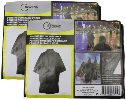 Benson Regenponcho - 2x stuks - zwart - herbruikbaar - voor volwassenen - poncho - One size