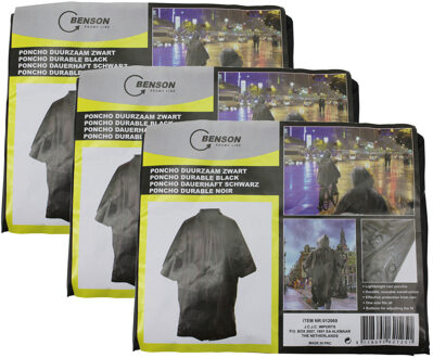 Benson Regenponcho - 3x stuks - zwart - herbruikbaar - voor volwassenen - poncho - One size