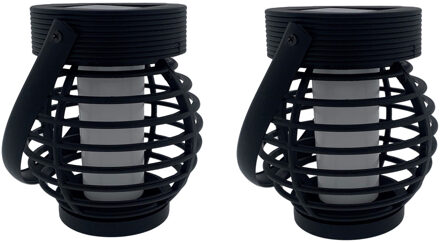 Benson Solar lantaarn tuinlamp - 2x - zwart - LED flame effect - oplaadbaar - D9 x H10,8 cm