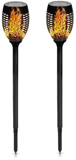 Benson Solar tuinlamp - 6x - zwart - LED flame effect - oplaadbaar - D12 x H74 cm