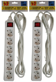 Benson stekkerdoos - 2x stuks - 6-voudig - wit - 3 meter - randaarde - schakelaar - verlengsnoer