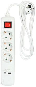 Benson Stekkerdoos 3-voudig - 2x usb - schakelaar - geaard - wit - 150 cm