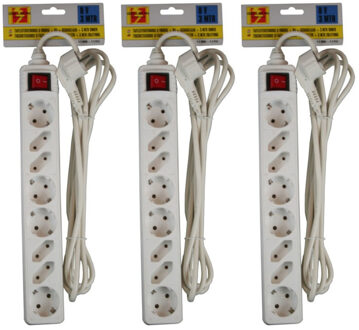 Benson stekkerdoos - 3x - 8-voudig - wit - 3m - 4 platte en 4 ronde stekker