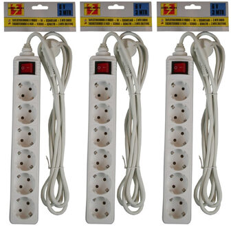 Benson stekkerdoos - 3x stuks - 6-voudig - wit - 3 meter - randaarde - schakelaar - verlengsnoer