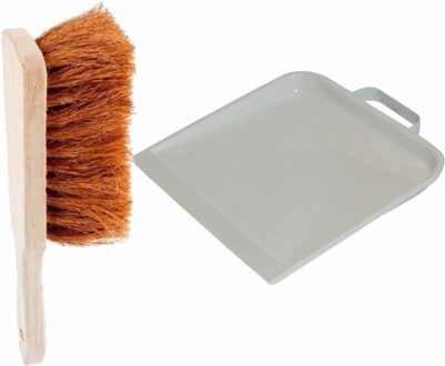 Benson Stevige houten stoffer 30 cm - en lichtgrijs metalen blik van 22 x 26 cm