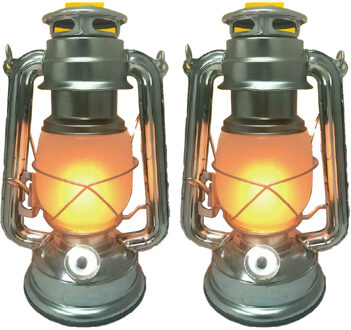 Benson Stormlantaarn - 2x - zilver - led - op batterij - 8 x 25 cm - retro campinglamp