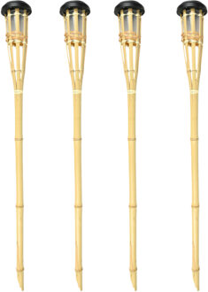 Benson Tuinfakkel - 4x - Solar - led tuinlamp - bamboe hout - 78 cm - bruin