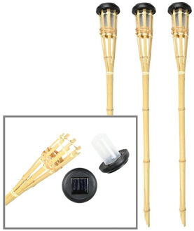 Benson Tuinfakkels - 3x - Solar - led tuinlamp - bamboe hout - 78 cm - bruin