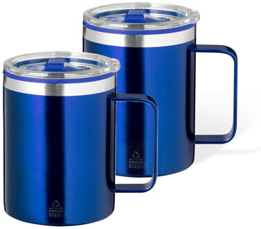 Benson Warmhoudbeker - 2x - thermos beker Barista - reis koffiebeker - RVS - blauw - 400 ml - deksel