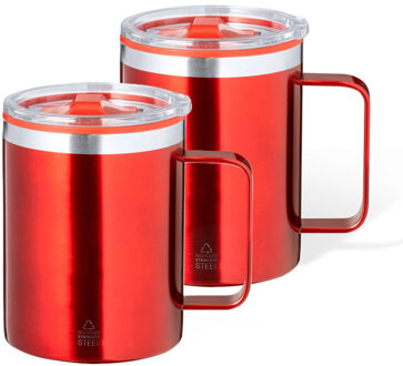 Benson Warmhoudbeker - 2x - thermos beker Barista - reis koffiebeker - RVS - rood - 400 ml - deksel