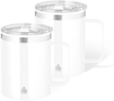 Benson Warmhoudbeker - 2x - thermos beker Barista - reis koffiebeker - RVS - wit - 400 ml - deksel