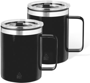 Benson Warmhoudbeker - 2x - thermos beker Barista - reis koffiebeker - RVS - zwart - 400 ml - deksel