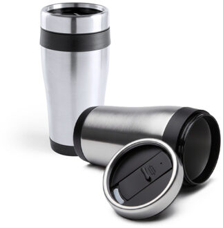Benson Warmhoudbeker - 2x - thermos isoleer koffiebeker - mok - RVS - zilver en zwart - 450 ml