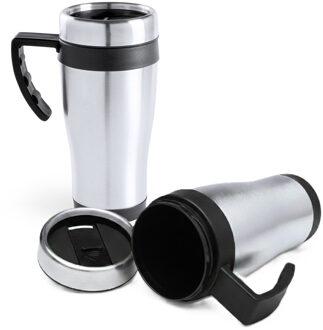 Benson Warmhoudbeker - 2x - thermos - isoleer koffiebeker - mok - RVS - zilver/zwart - 450 ml
