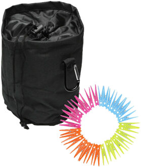 Benson Wasknijpers mandje/zakje - met karabijnhaak - incl. 32 wasknijpers - D16 x H 18 cm - knijperszakken Zwart