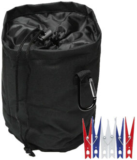 Benson Wasknijpers mandje/zakje - met karabijnhaak - incl. 36 wasknijpers - D16 x H 18 cm - knijperszakken Zwart