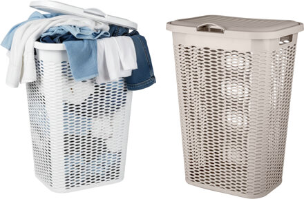 Benson Wasmand Ventilation - met deksel - 2x - wit en beige - 50 liter - 61 x 43 cm