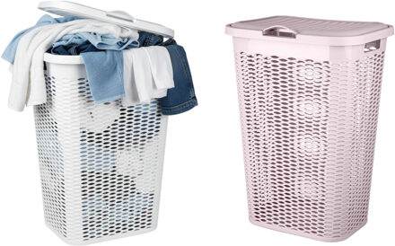 Benson Wasmand Ventilation - met deksel - 2x - wit en roze - 50 liter - 61 x 43 cm