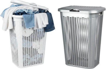 Benson Wasmand Ventilation - met deksel - 2x - wit en zilver - 50 liter - 61 x 43 cm