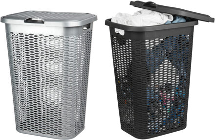 Benson Wasmand Ventilation - met deksel - 2x - zwart en zilver - 50 liter - 61 x 43 cm