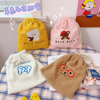 Bentoy Milkjoy Flannel Soft Korea Ins Bear Dog String Bags Cute Home Storage Drawstring Bag Girls Travel Cosmetic Case Wash Bag