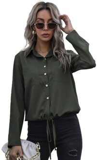 Benuynffy Turn-Down Kraag Pocket Front Trekkoord Zoom Vrouwen Shirts Lente Lange Mouw Vrouwelijke Solid Casual Tops Blouses leger groen / L