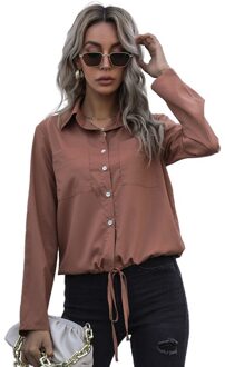 Benuynffy Turn-Down Kraag Pocket Front Trekkoord Zoom Vrouwen Shirts Lente Lange Mouw Vrouwelijke Solid Casual Tops Blouses Rust bruin / L