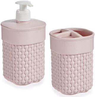 Berilo Badkamer accessoires set - 2-delig roze - kunststof - Zeeppompje - Tandenborstelbeker
