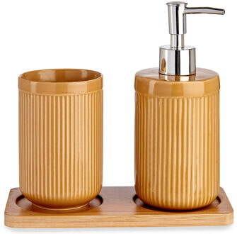 Berilo Badkamer accessoires set 3-delig camel bruin gestreept van keramiek