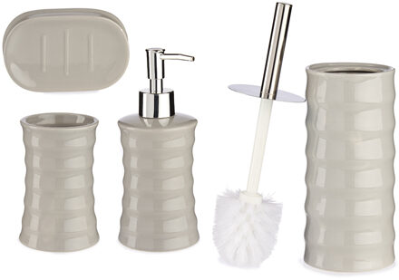 Berilo Badkamer accessoires set met strepen 4-delig kiezelgrijs van keramiek