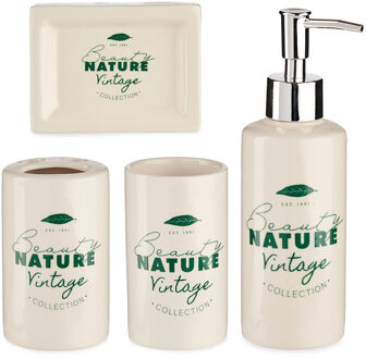 Berilo Badkamer accessoires set met tekst 4-delig gebroken wit van keramiek