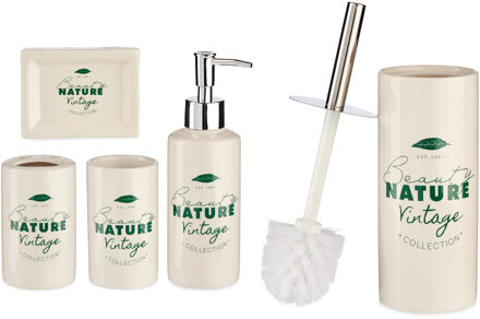 Berilo Badkamer accessoires set met tekst 5-delig gebroken wit van keramiek