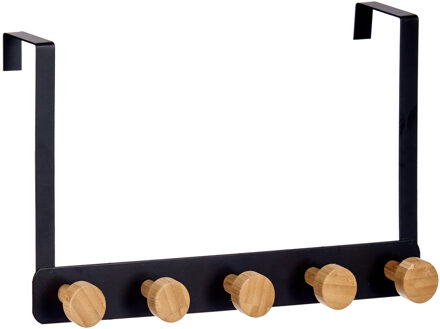Berilo Badkamer deurhanger voor baddoeken kapstok zwart met 5 ophanghaken/knoppen 33 cm